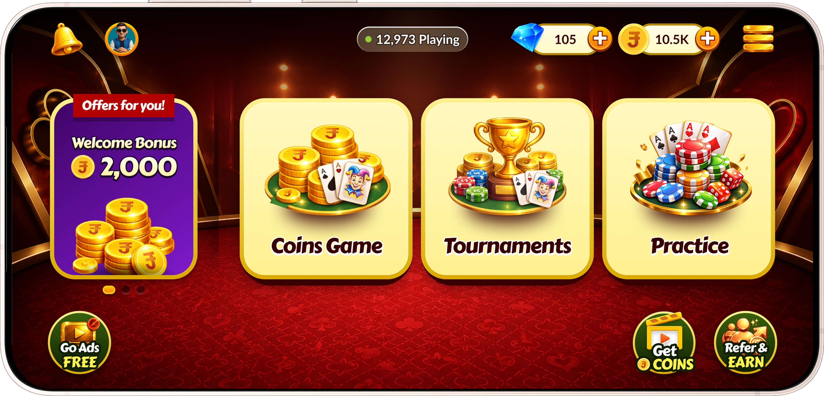 Rummy practice mode interface